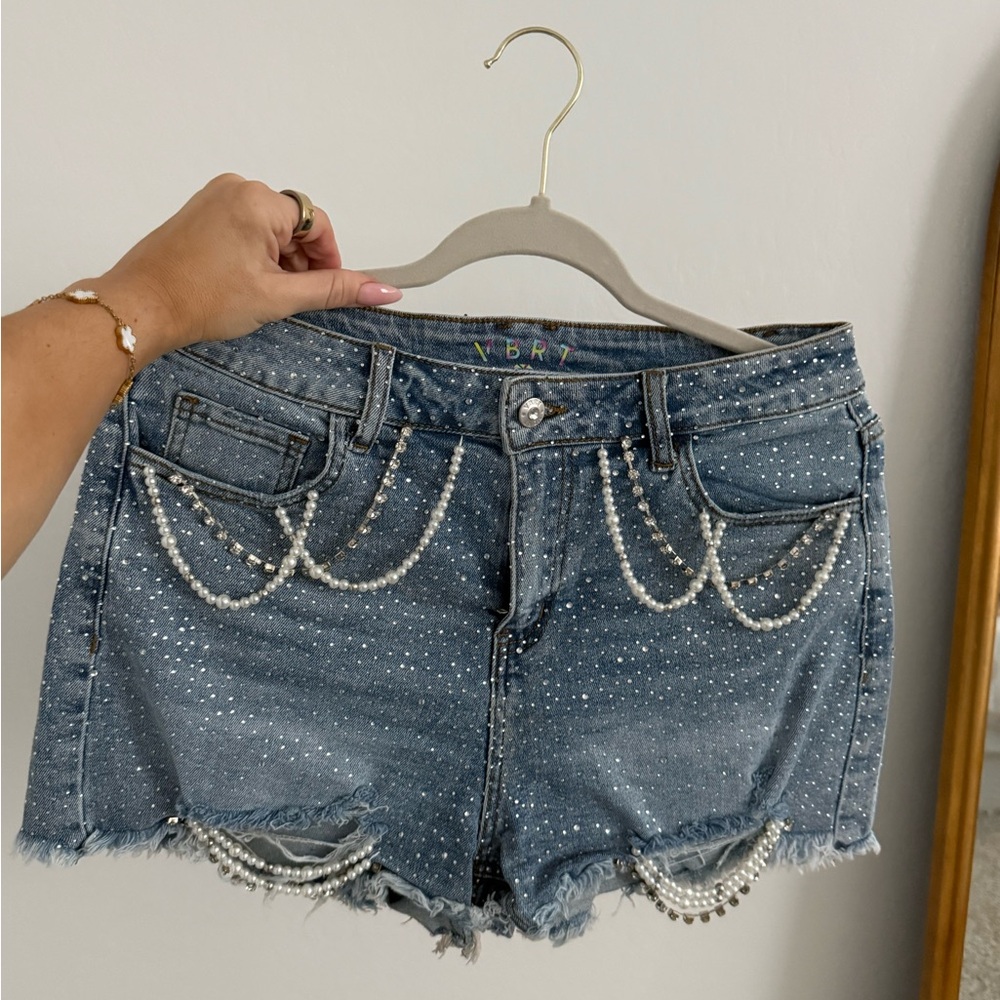 Pearl-Embellished Blue Denim Shorts